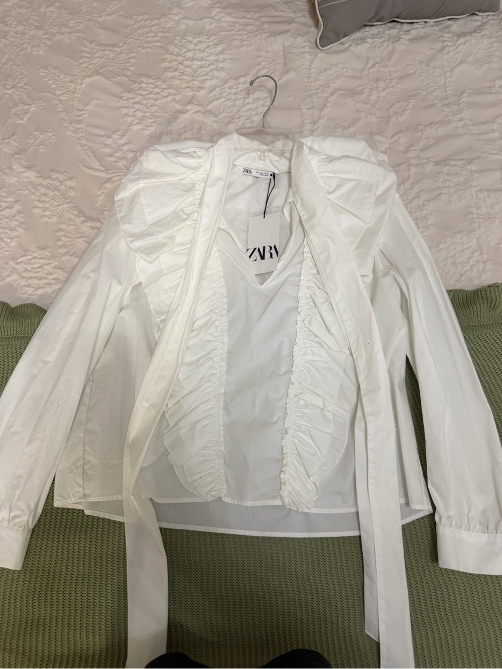 Zara White Ruffled Tie-Neck Jacket